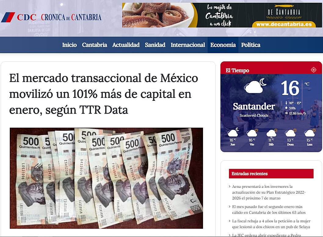 El mercado transaccional de Mxico moviliz un 101% ms de capital en enero, segn TTR Data